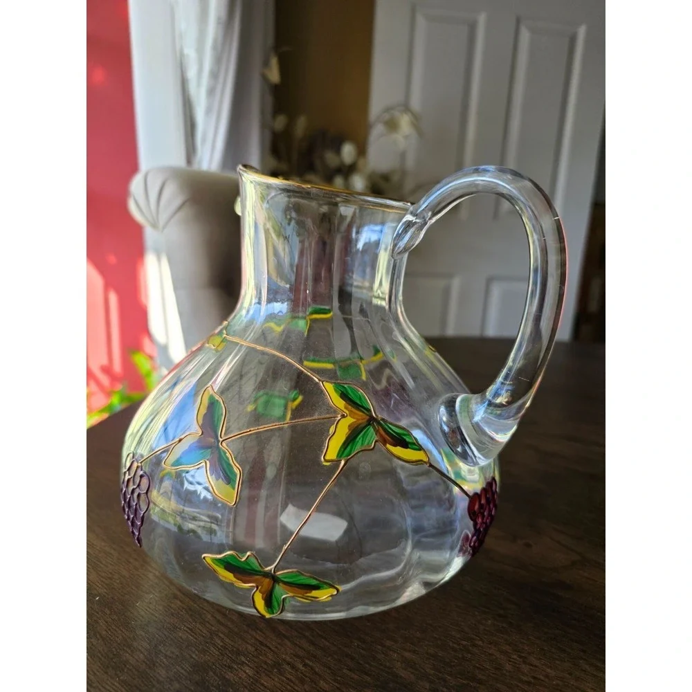 Hand-Painted Glass Pitcher With Grapes & Leaves Design made in Romania